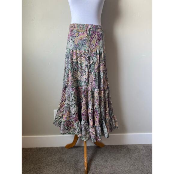 SIlver Stream Paisley Print Flowy Boho Hippie Sequin Cotton Pull On Maxi Skirt - Picture 7 of 10